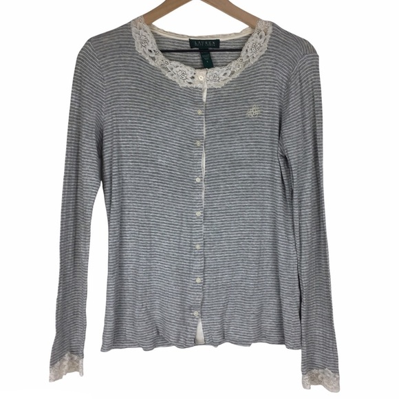 LAUREN RALPH LAUREN Cardigan Top Button Up Stripe Long Sleeve Ribbed Lace Small - Picture 1 of 11